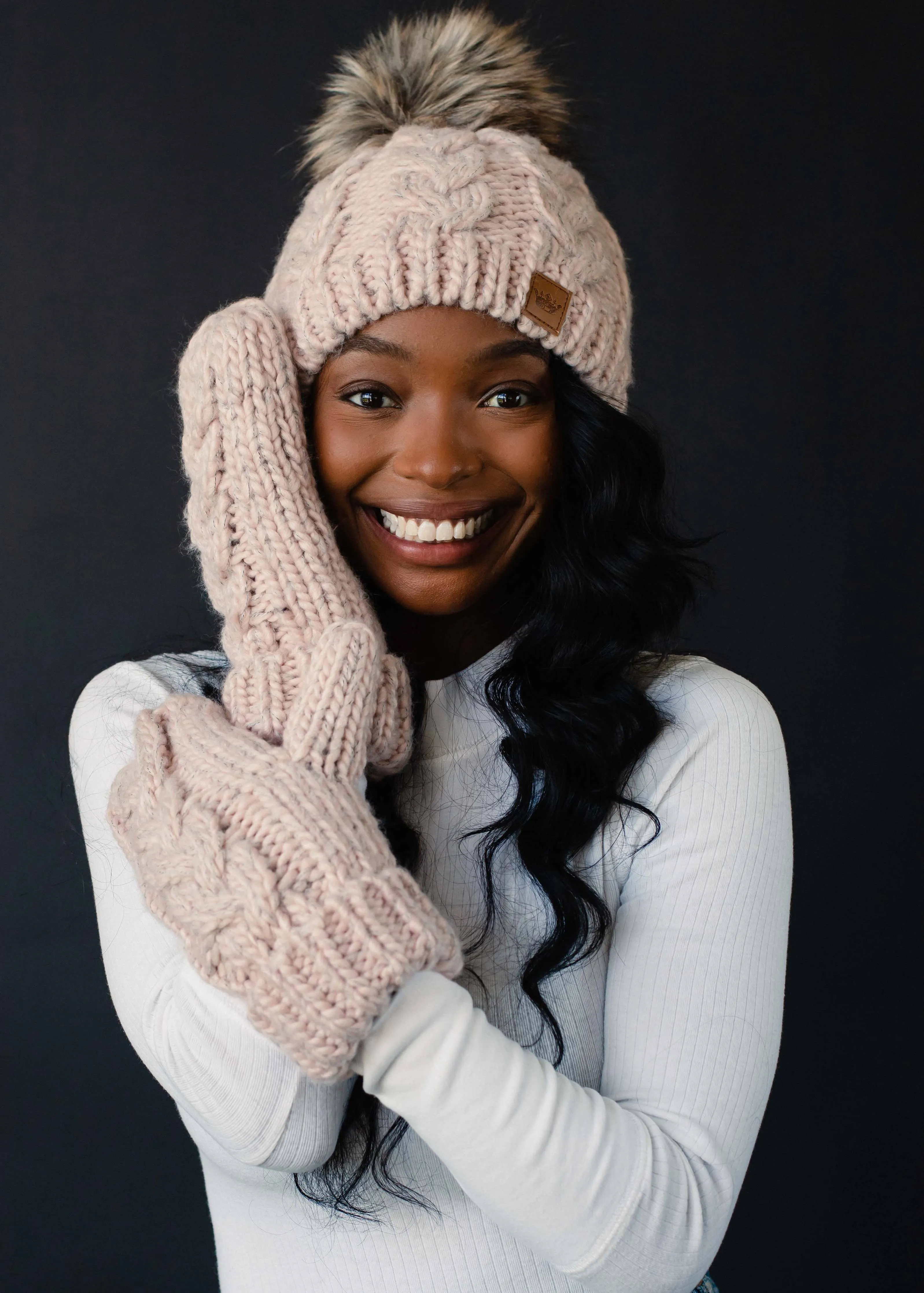 Blush Cable Knit Pom Hat