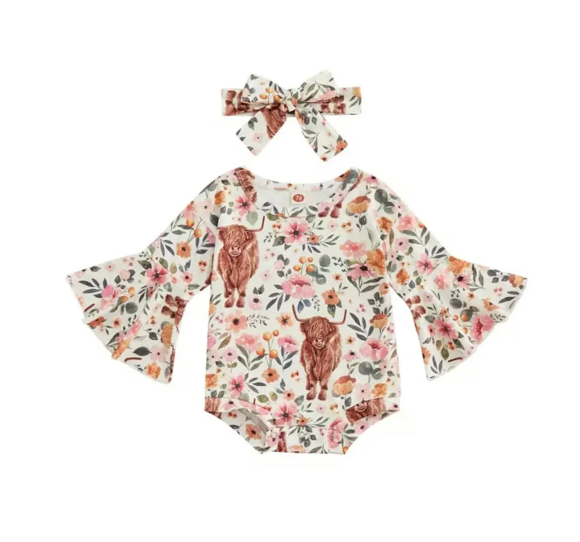 Boho Cow Romper - Pink Floral