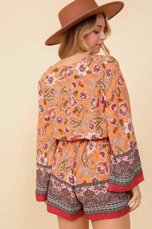 Boho Floral Surplice Bell Sleeve Romper