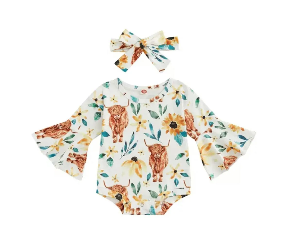 Boho Romper Cow Print - Yellow Floral