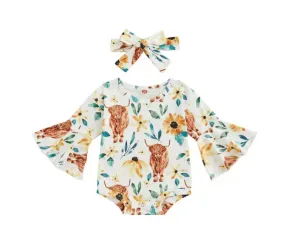 Boho Romper Cow Print - Yellow Floral