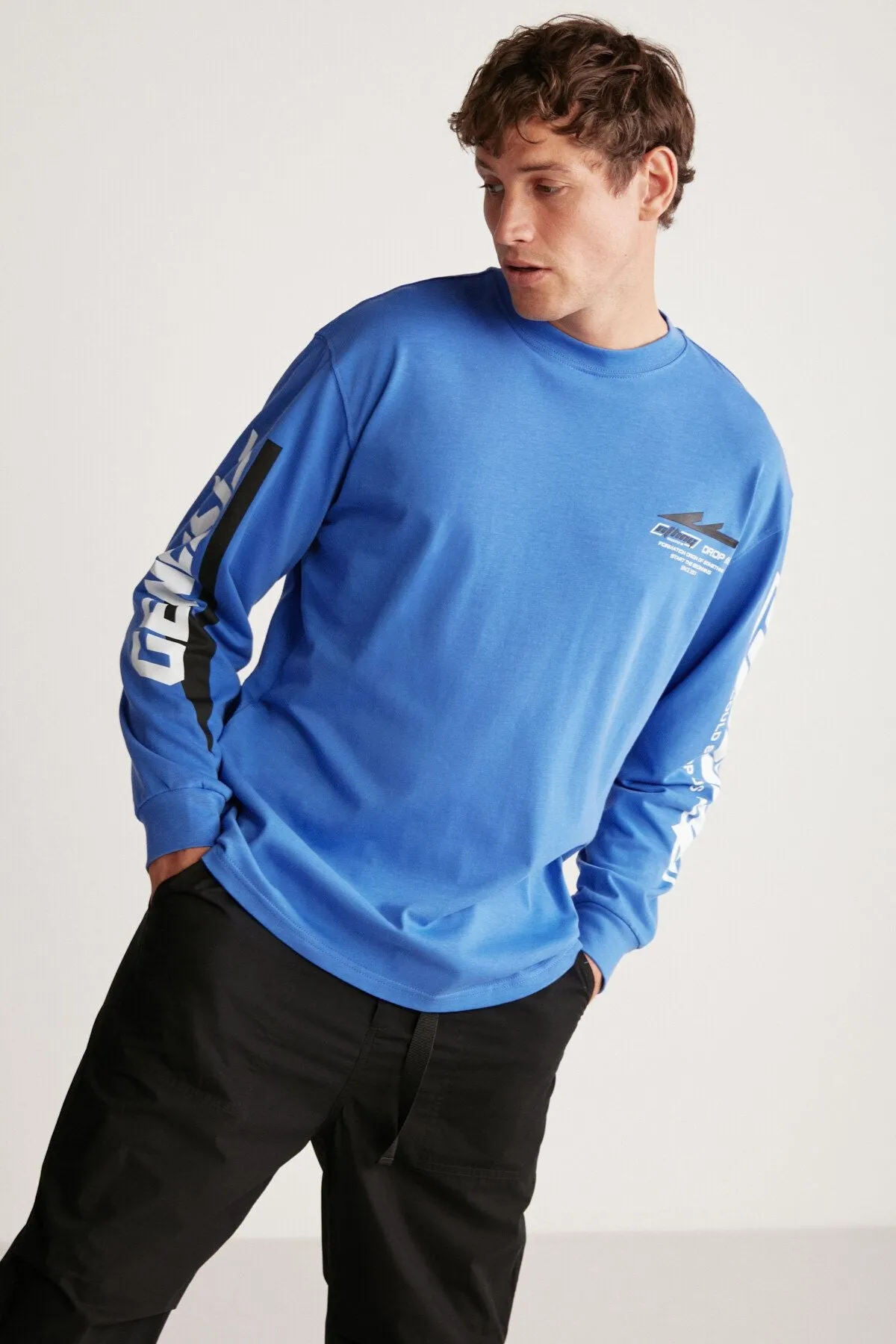 Brad Men's Comfort Fit Long Sleeve 100 %Cotton Printed Saks Blue T-Shirt