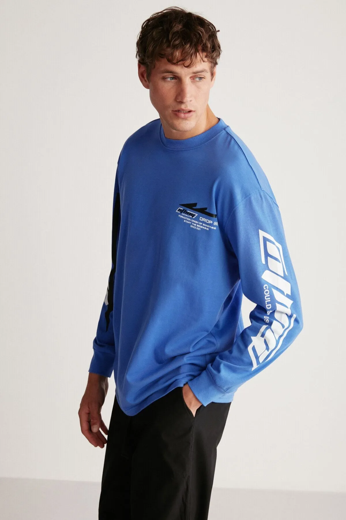 Brad Men's Comfort Fit Long Sleeve 100 %Cotton Printed Saks Blue T-Shirt