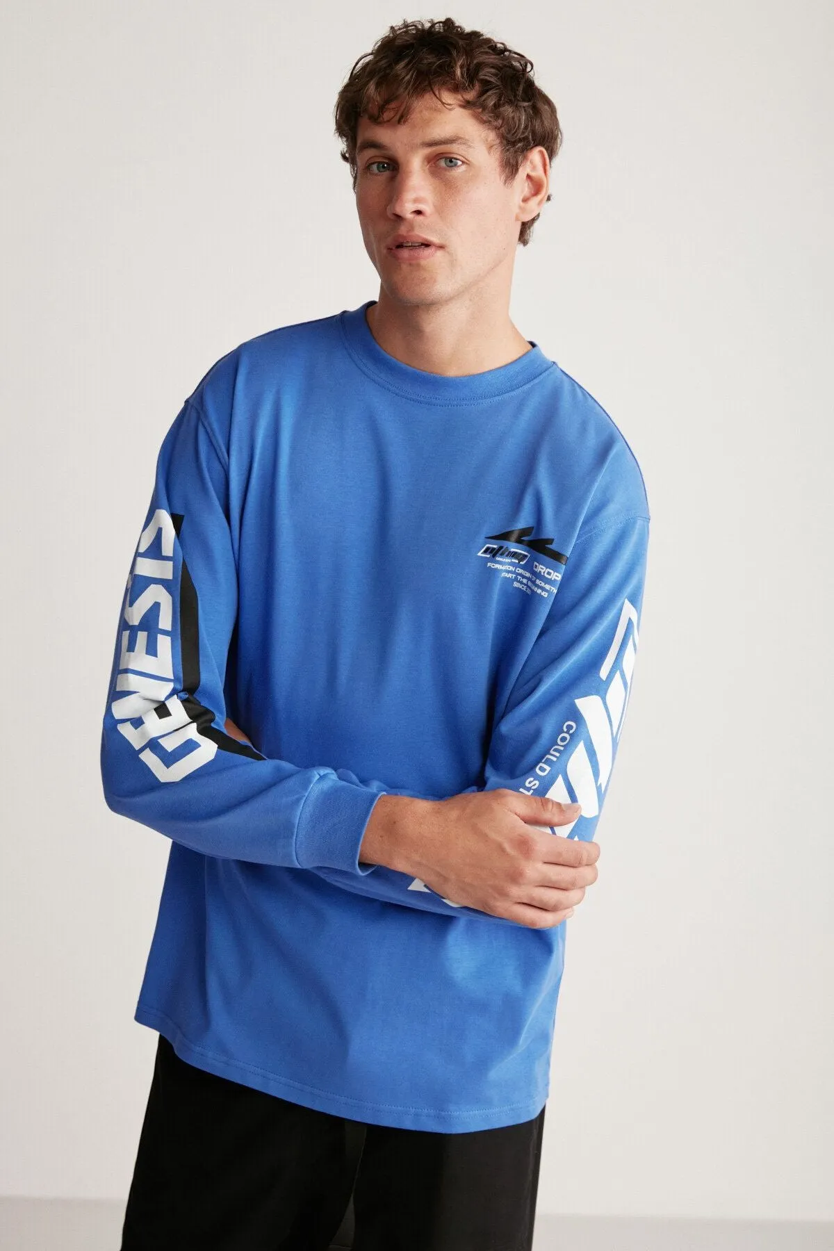 Brad Men's Comfort Fit Long Sleeve 100 %Cotton Printed Saks Blue T-Shirt
