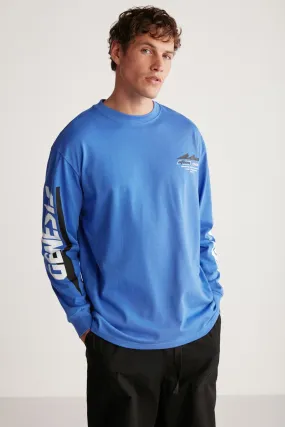 Brad Men's Comfort Fit Long Sleeve 100 %Cotton Printed Saks Blue T-Shirt