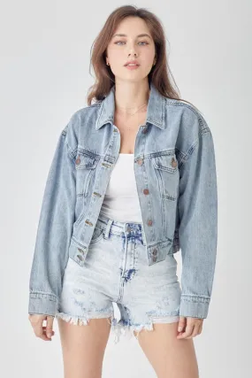 Button Down Cropped Denim Jacket- Regular and Plus Size