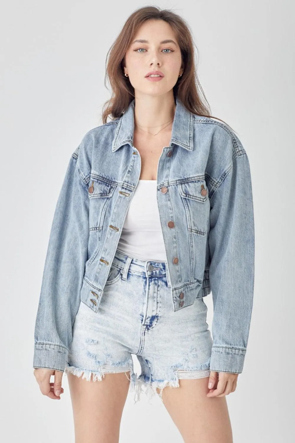 Button Down Cropped Denim Jacket- Regular and Plus Size