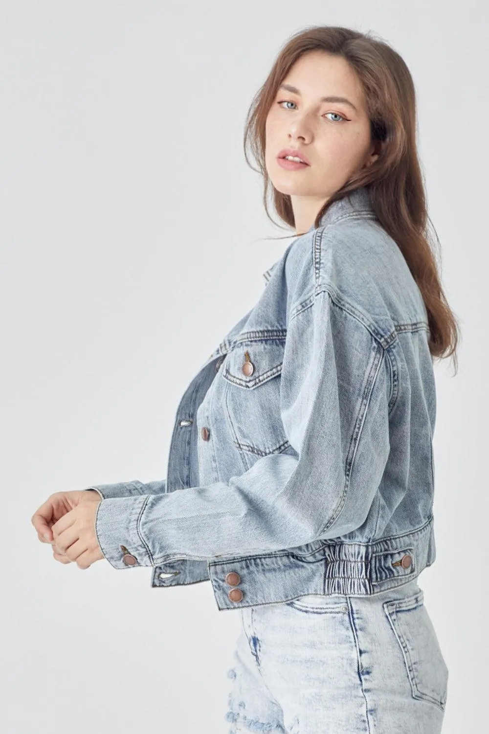 Button Down Cropped Denim Jacket- Regular and Plus Size