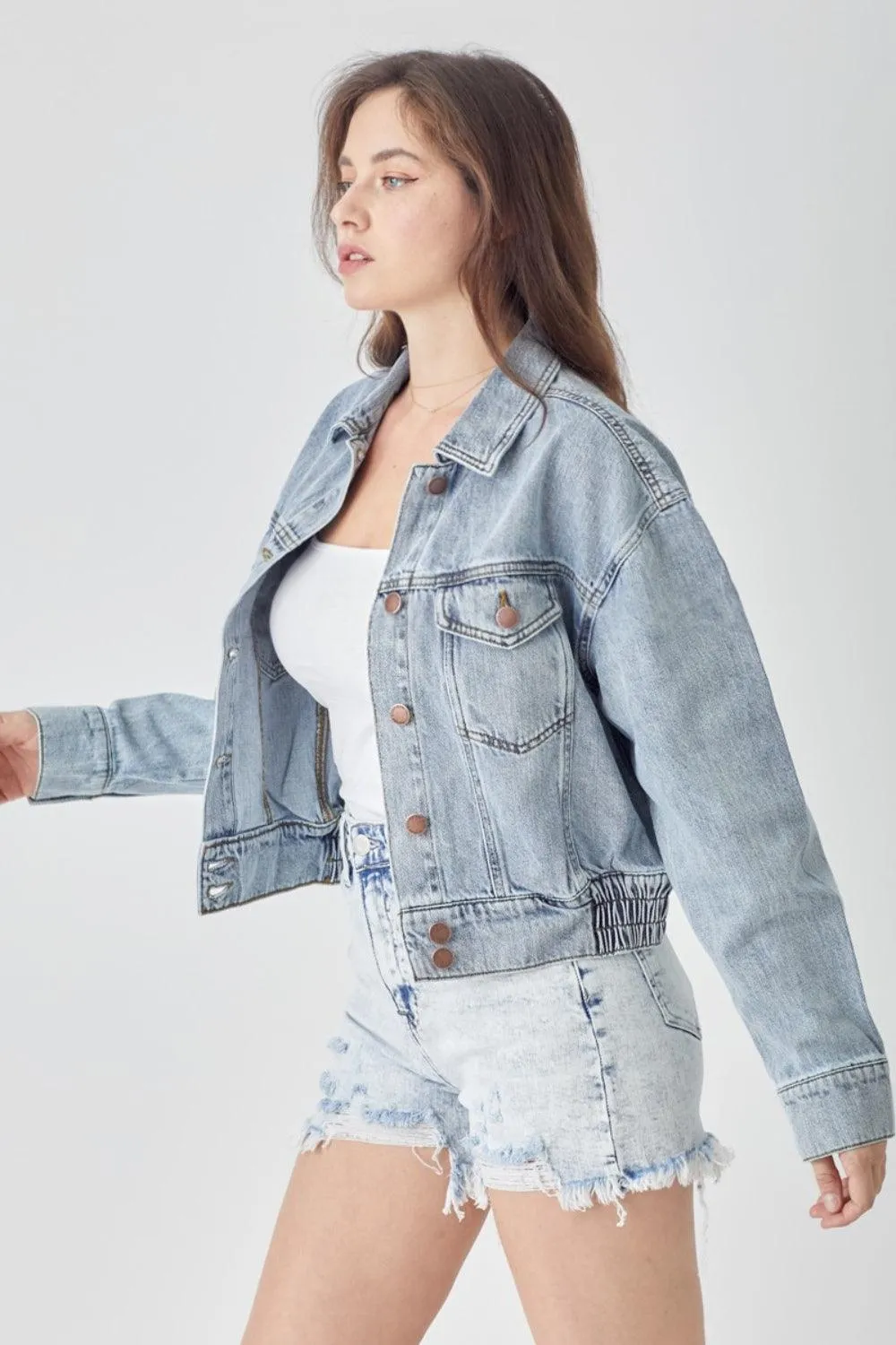 Button Down Cropped Denim Jacket- Regular and Plus Size