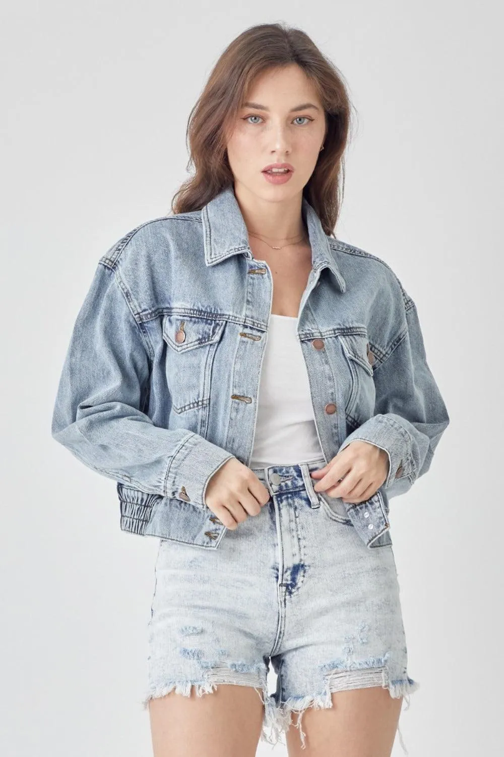 Button Down Cropped Denim Jacket- Regular and Plus Size