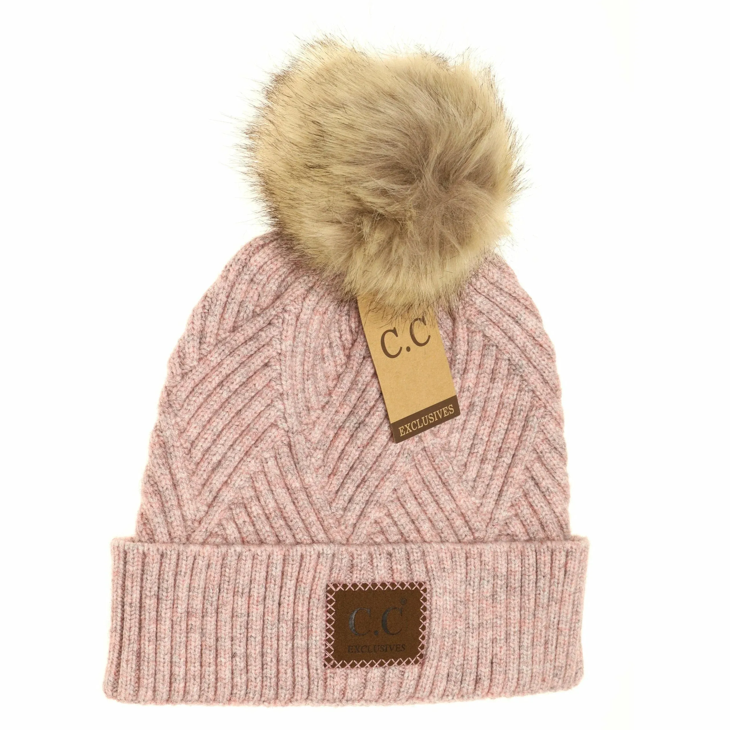 C.C Beanie Large Patch Faux Fur Pom Beanie