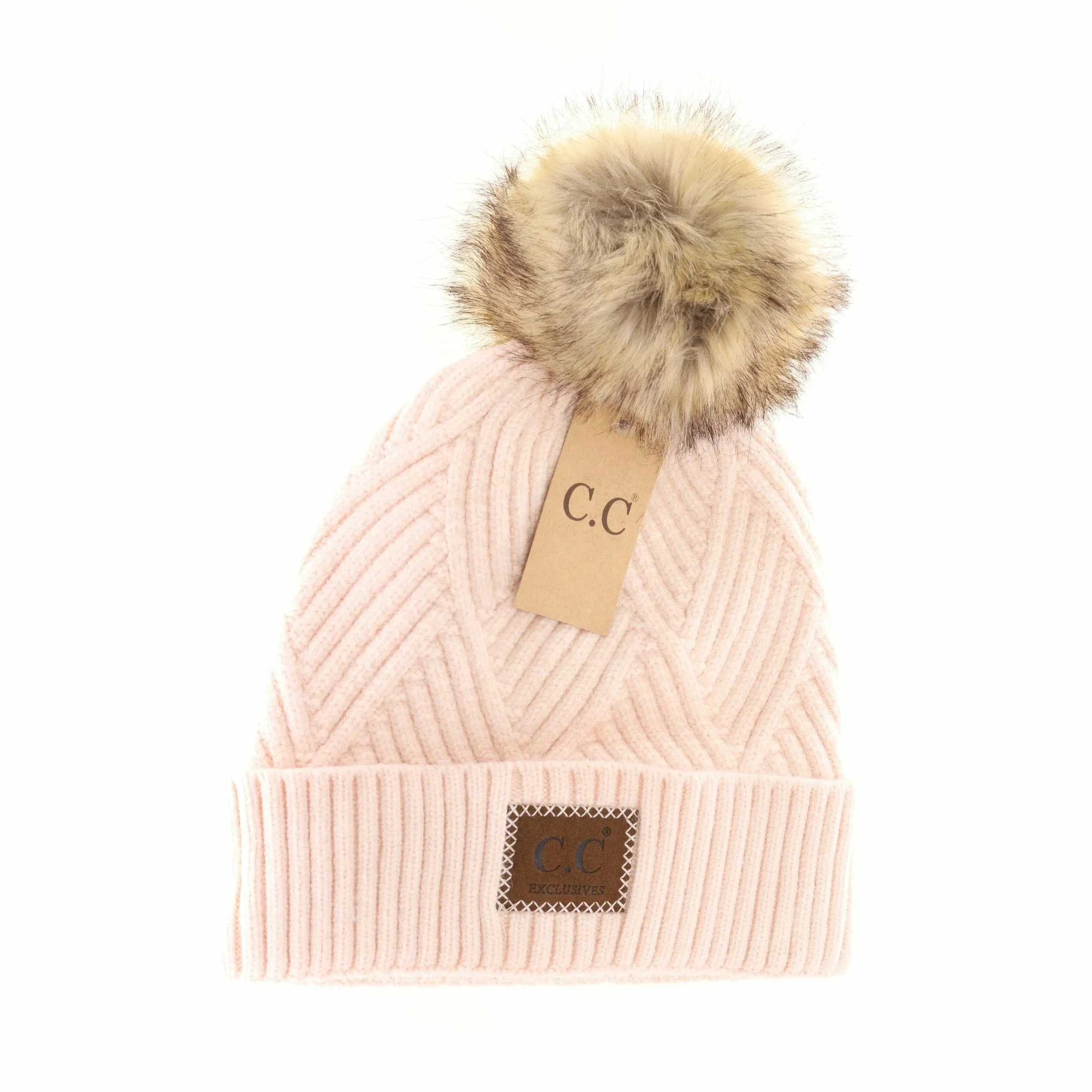 C.C Beanie Large Patch Faux Fur Pom Beanie