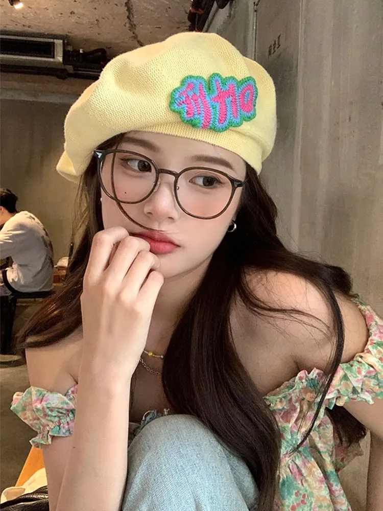 Chinese Characters Applique Knit Beret Hat