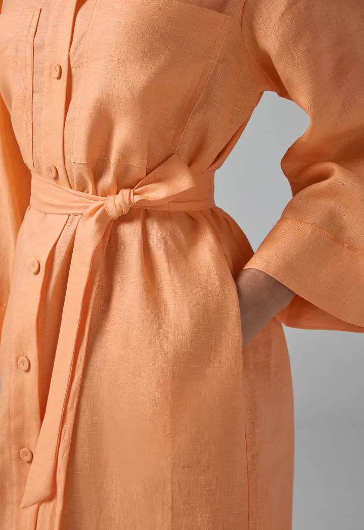 Choice Solid Front Pockets Belted Shirt Dress Orange