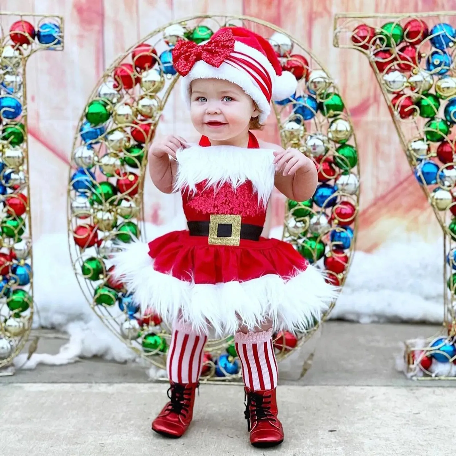 Christmas Baby Girls Romper Dress Princess Sequins White Plush Trim