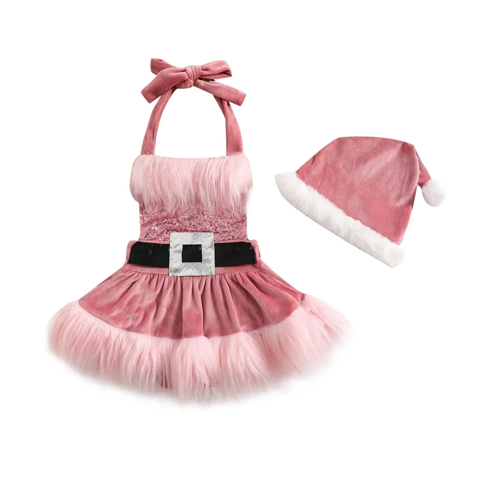 Christmas Baby Girls Romper Dress Princess Sequins White Plush Trim