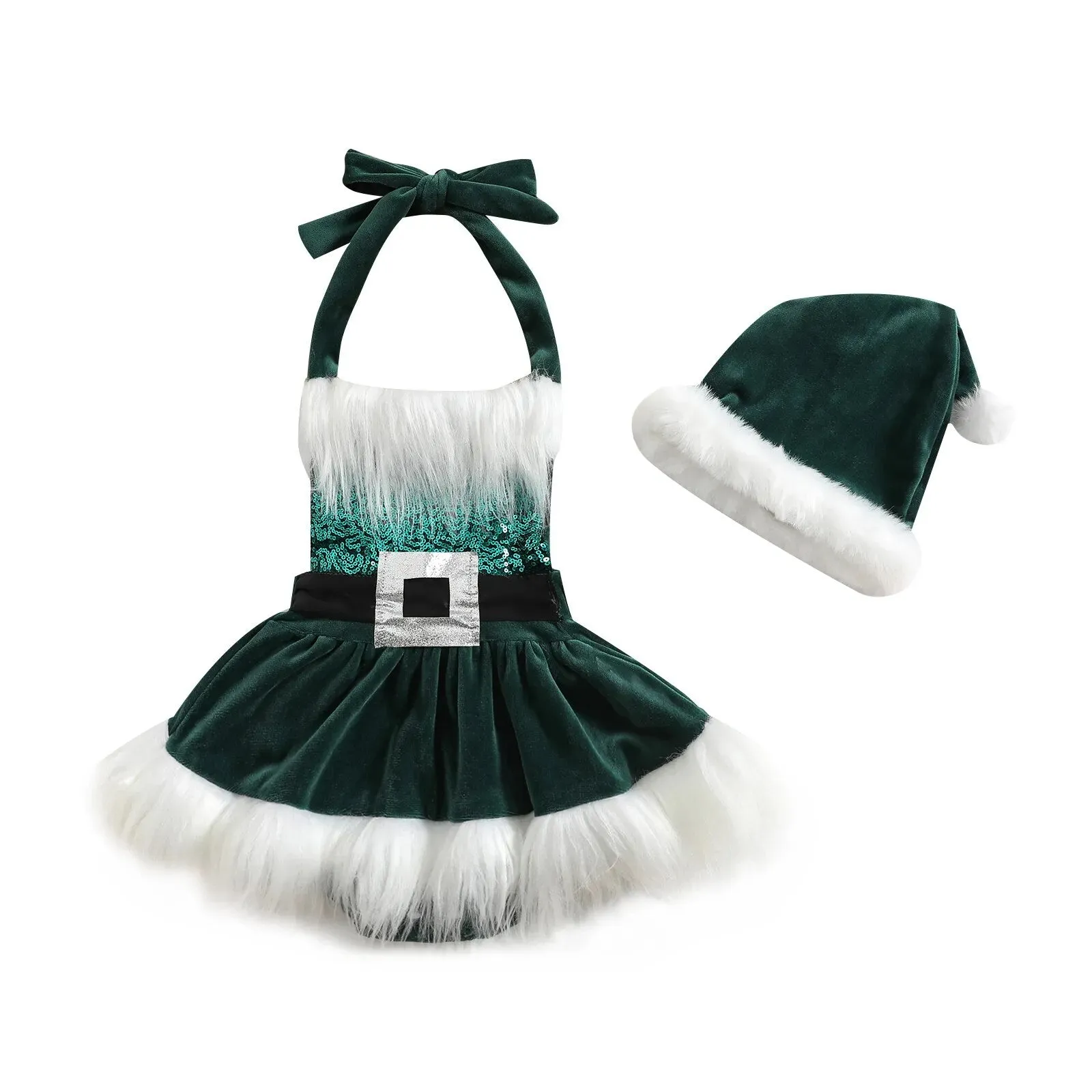 Christmas Baby Girls Romper Dress Princess Sequins White Plush Trim
