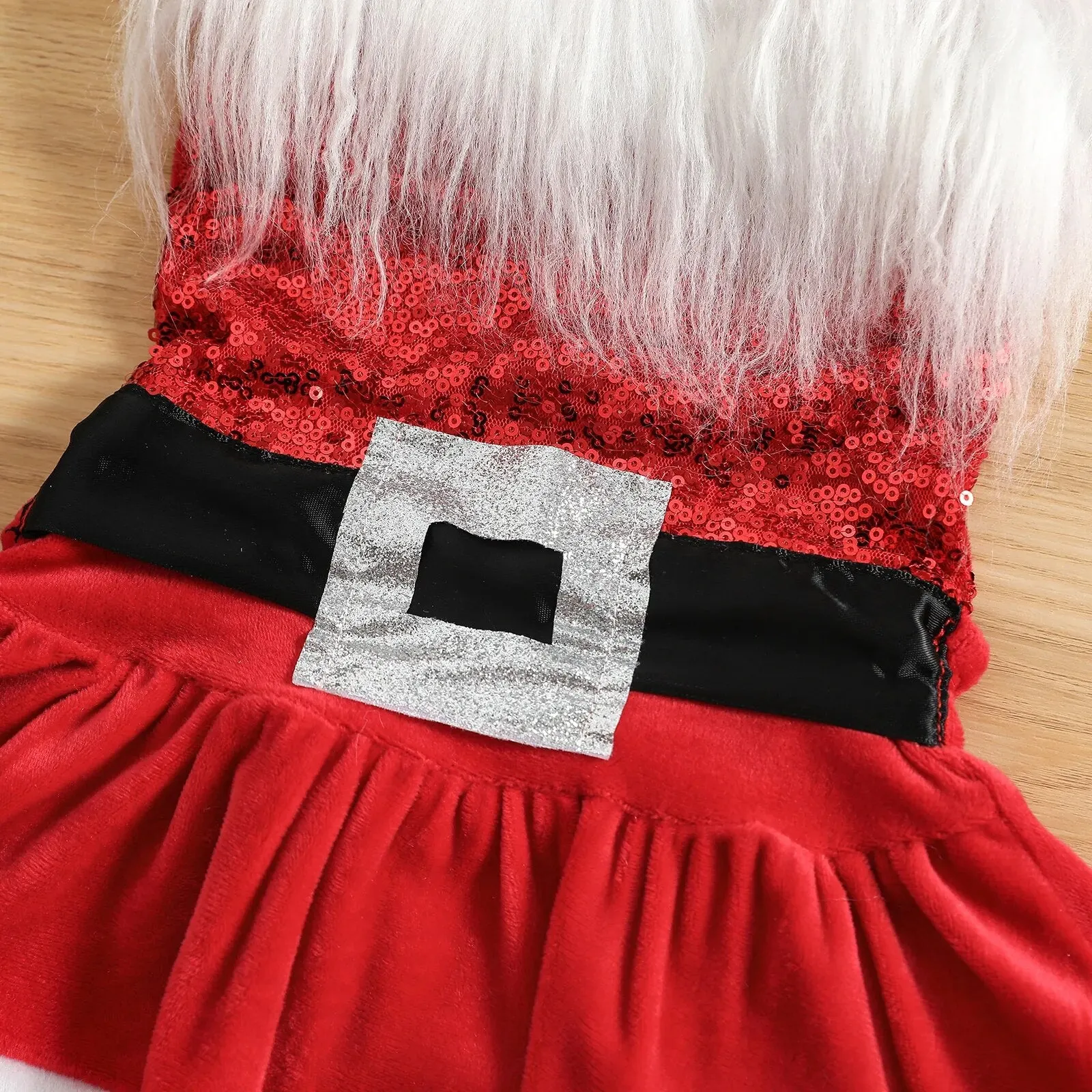 Christmas Baby Girls Romper Dress Princess Sequins White Plush Trim