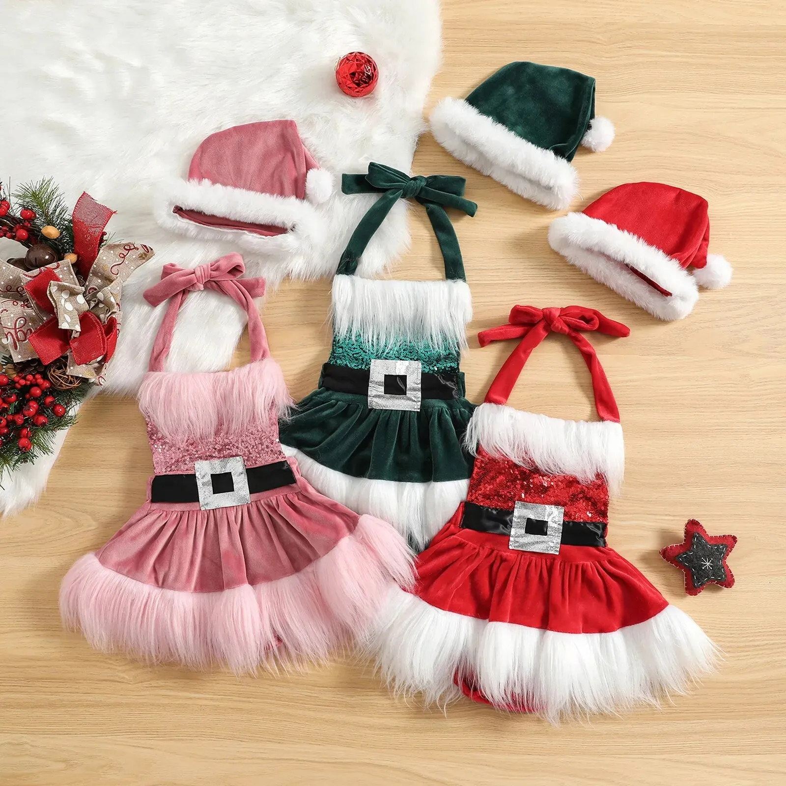 Christmas Baby Girls Romper Dress Princess Sequins White Plush Trim