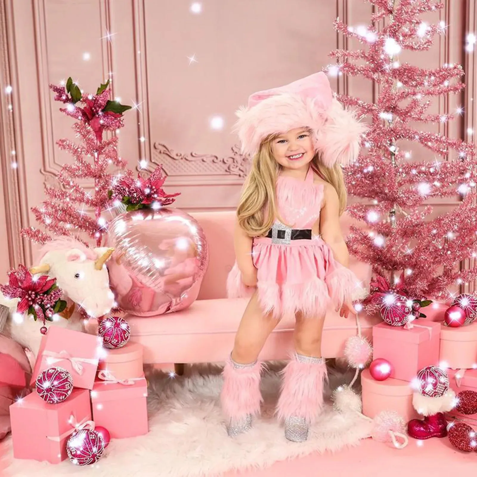 Christmas Baby Girls Romper Dress Princess Sequins White Plush Trim