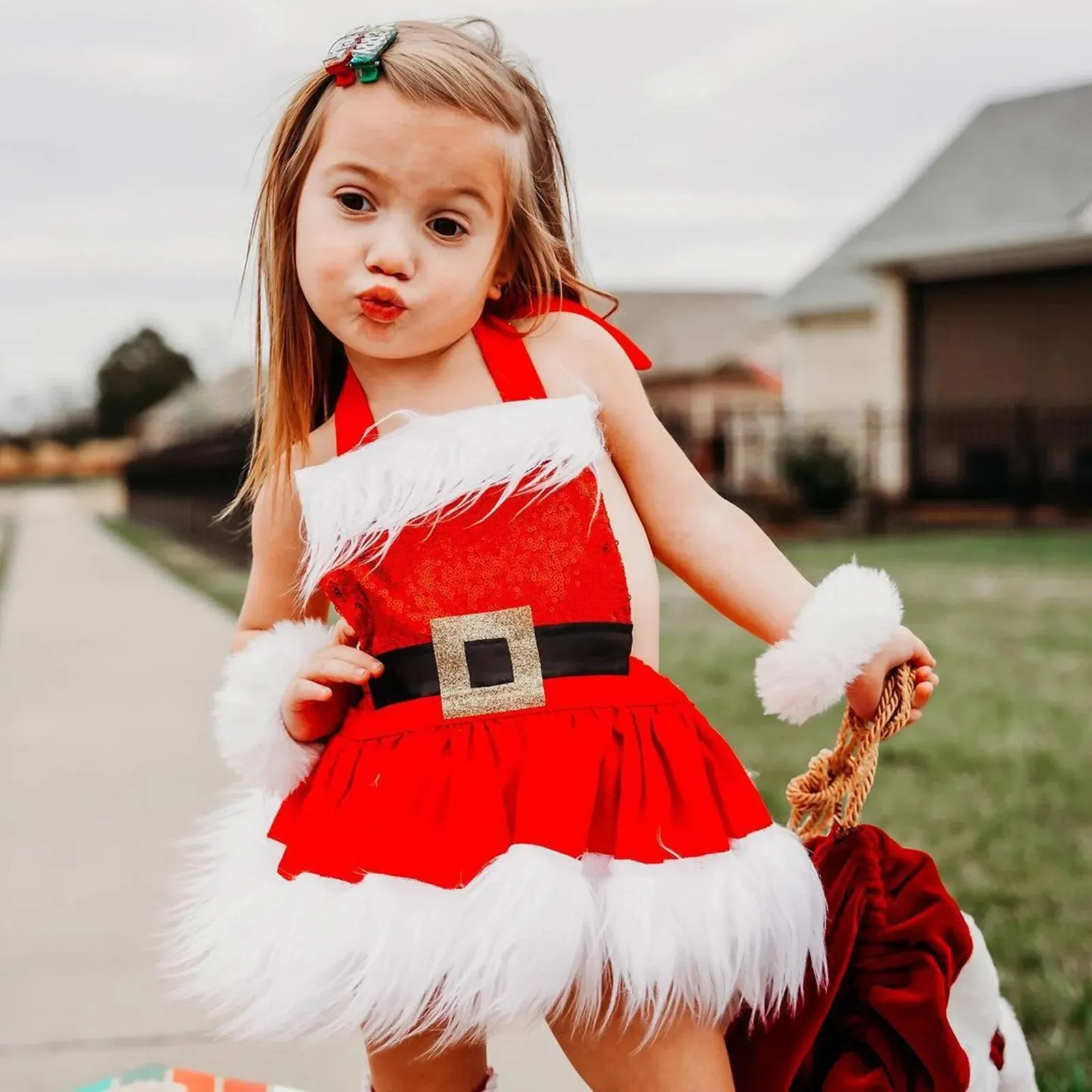 Christmas Baby Girls Romper Dress Princess Sequins White Plush Trim