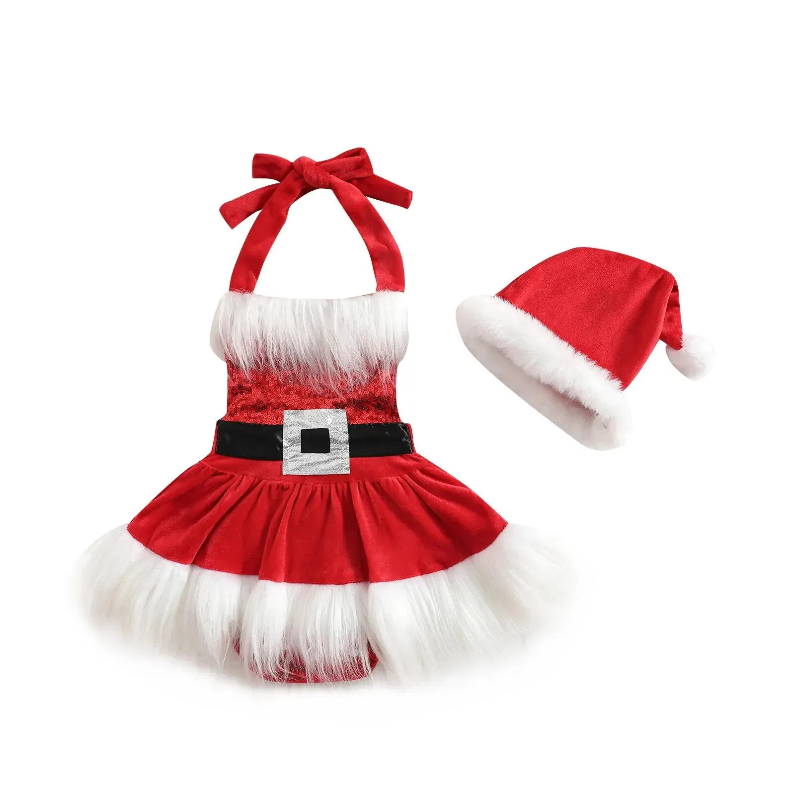 Christmas Baby Girls Romper Dress Princess Sequins White Plush Trim