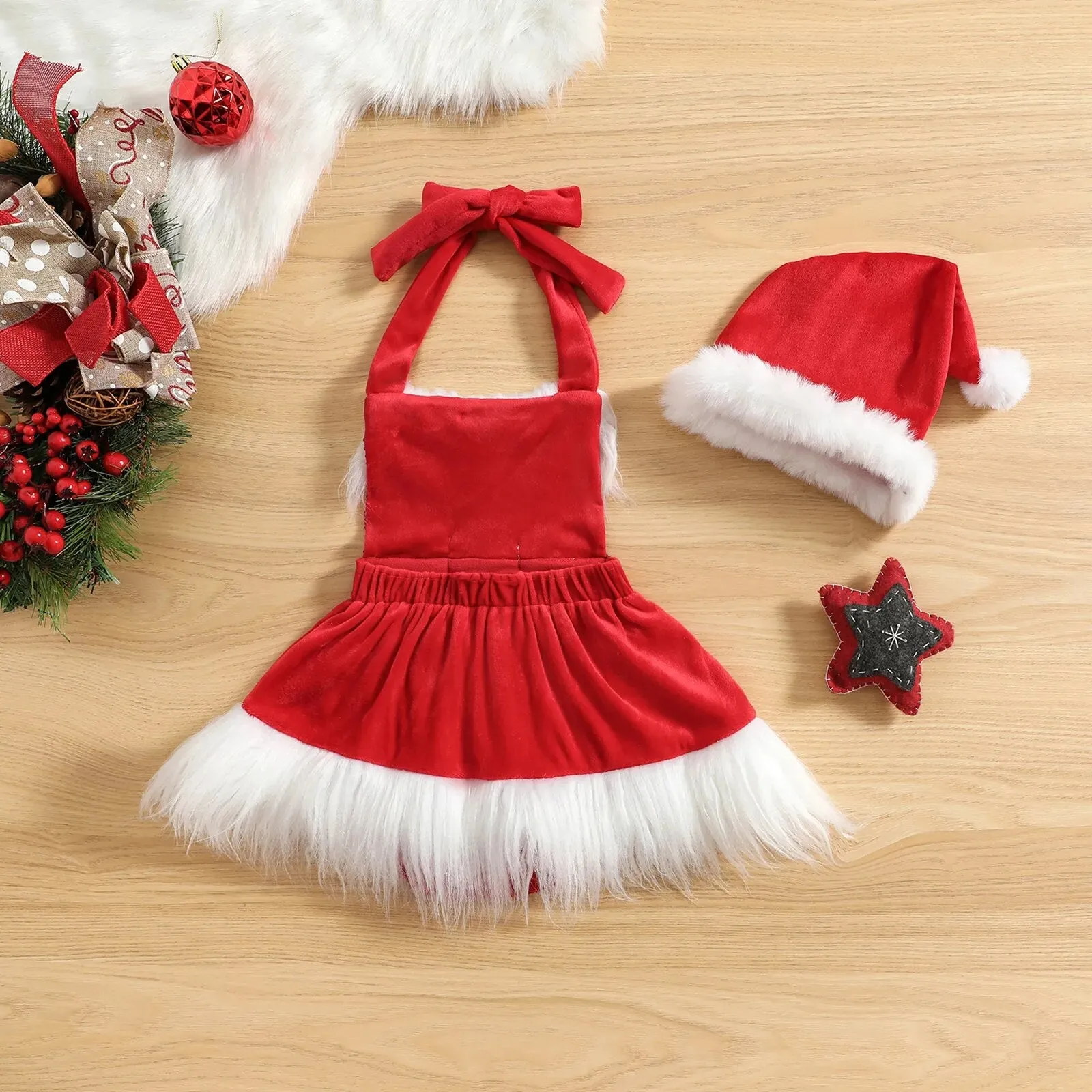 Christmas Baby Girls Romper Dress Princess Sequins White Plush Trim