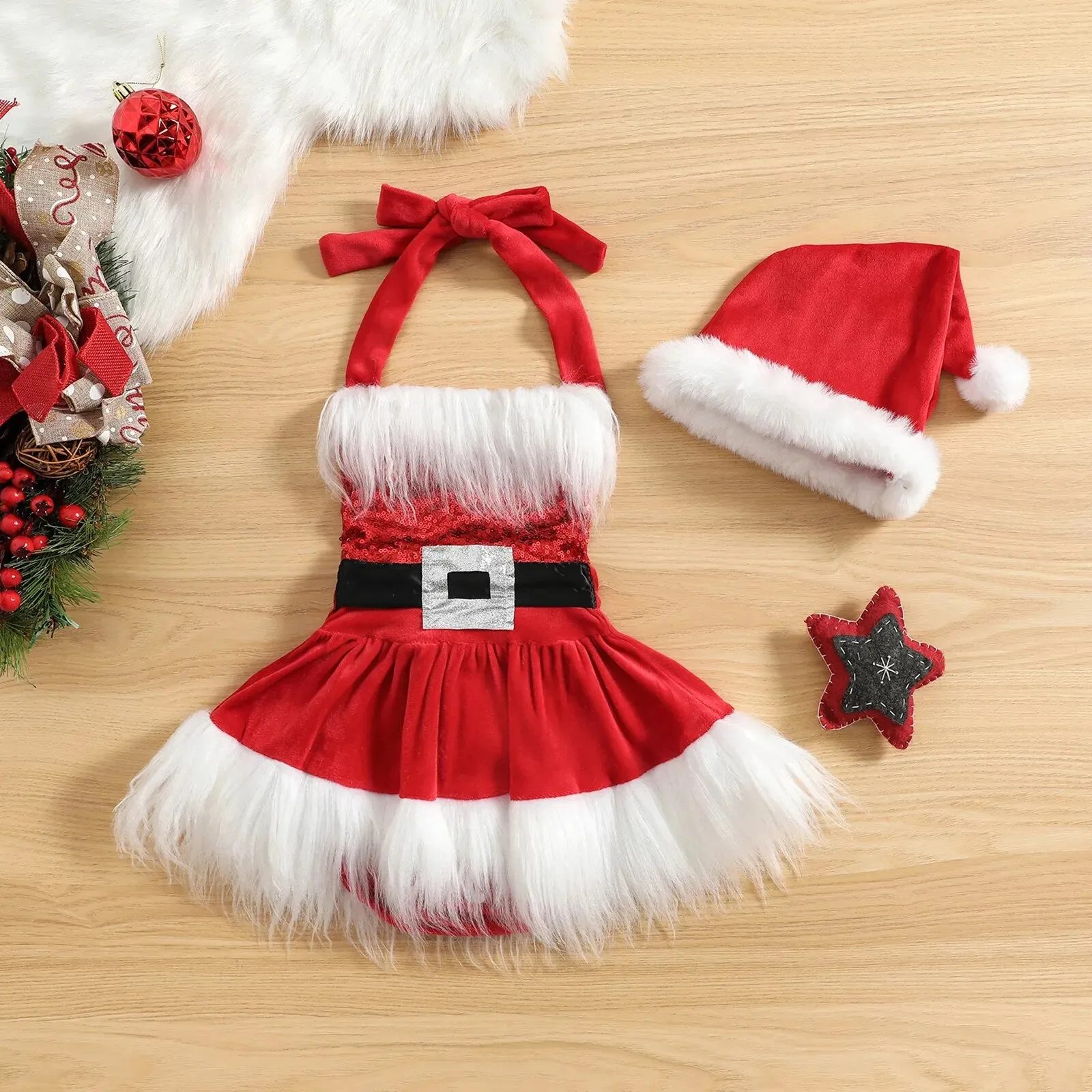 Christmas Baby Girls Romper Dress Princess Sequins White Plush Trim
