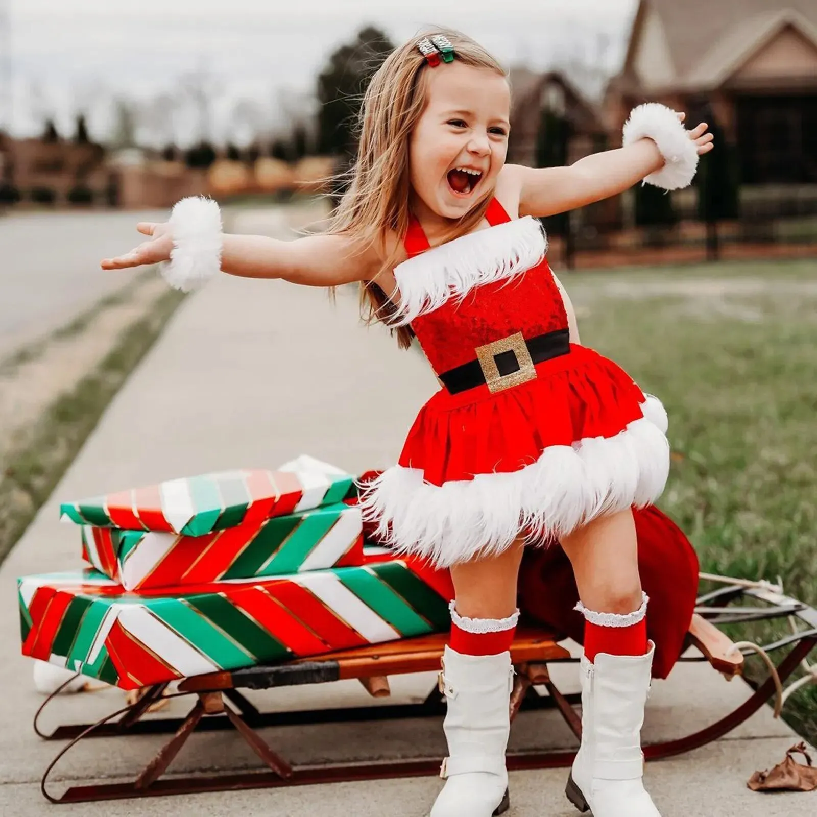 Christmas Baby Girls Romper Dress Princess Sequins White Plush Trim