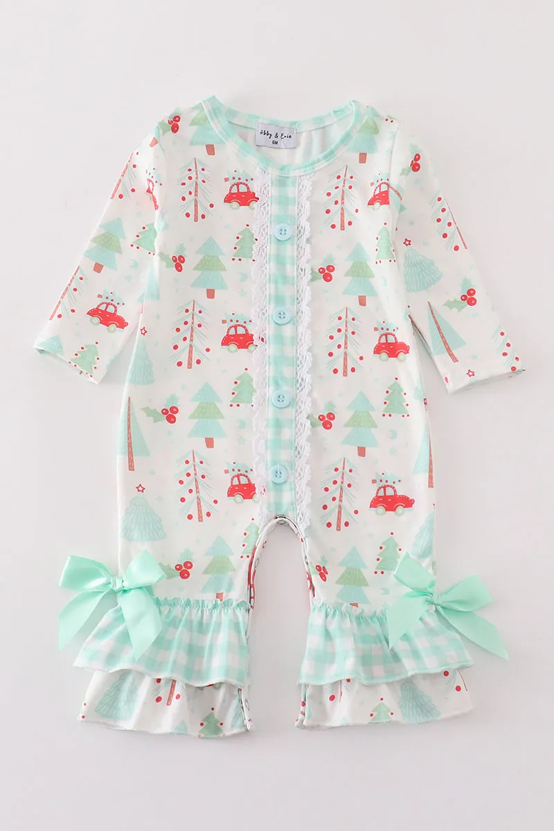 Christmas tree car print girl romper