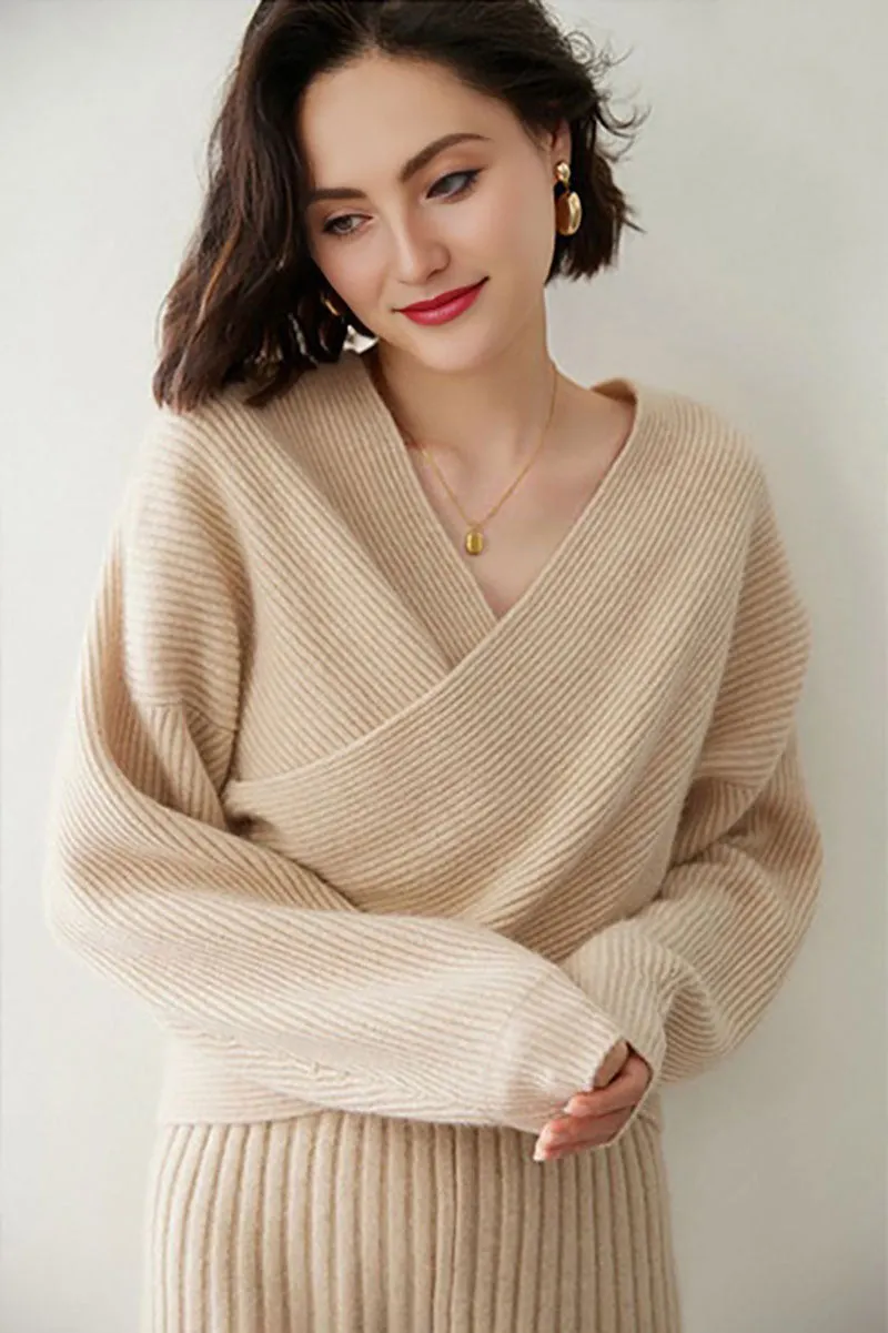 Chunky Cashmere V-Neck Ribbed Wrap Sweater