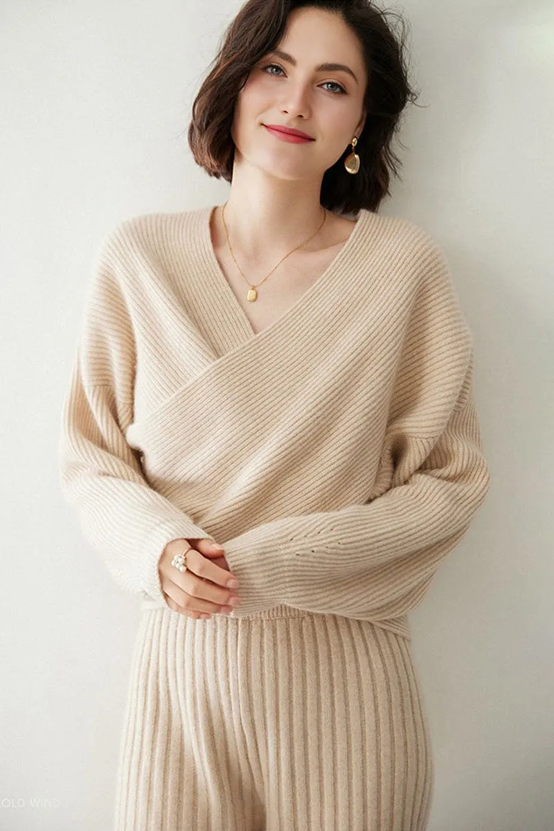 Chunky Cashmere V-Neck Ribbed Wrap Sweater