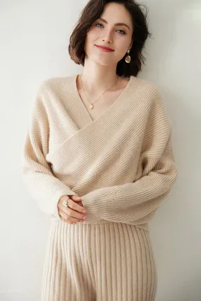 Chunky Cashmere V-Neck Ribbed Wrap Sweater