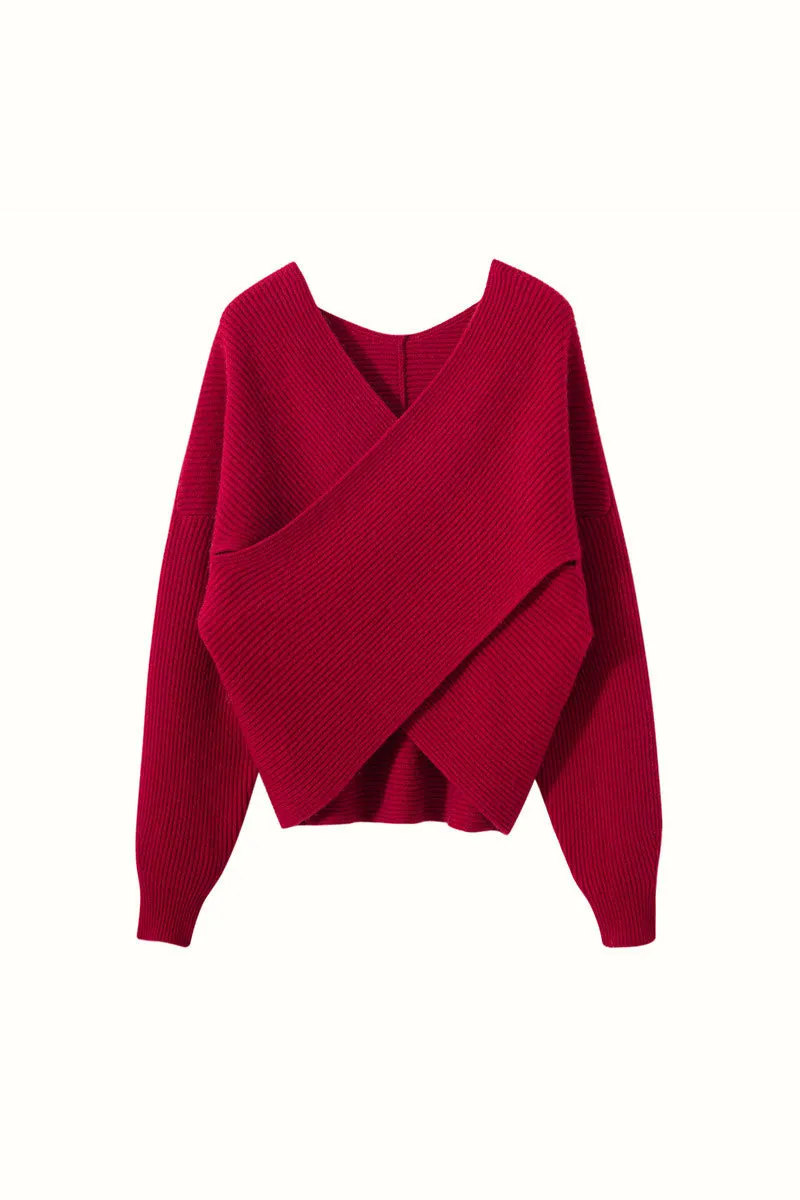 Chunky Cashmere V-Neck Ribbed Wrap Sweater