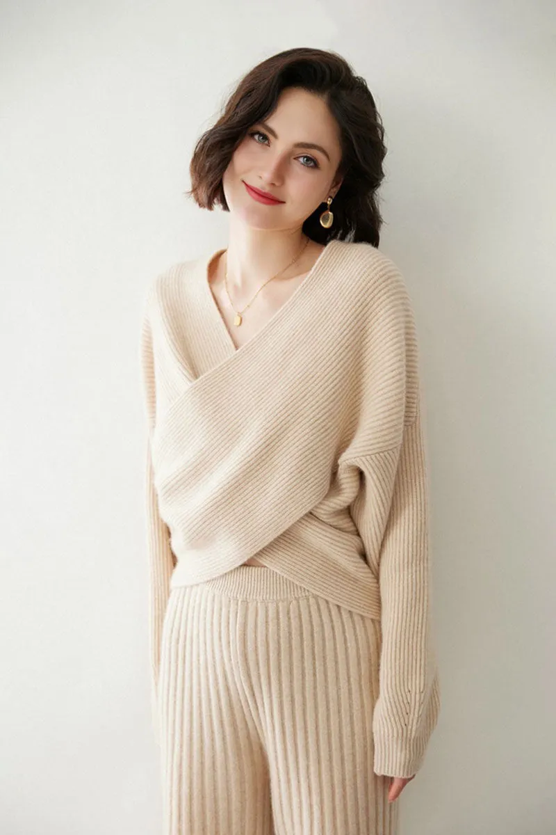 Chunky Cashmere V-Neck Ribbed Wrap Sweater