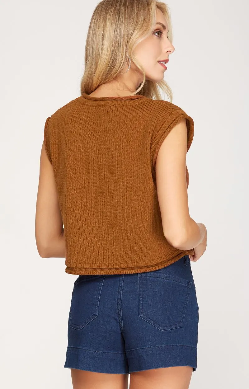 CINNAMON RIB KNIT SLEEVELESS SWEATER CROP TOP S8SS8059