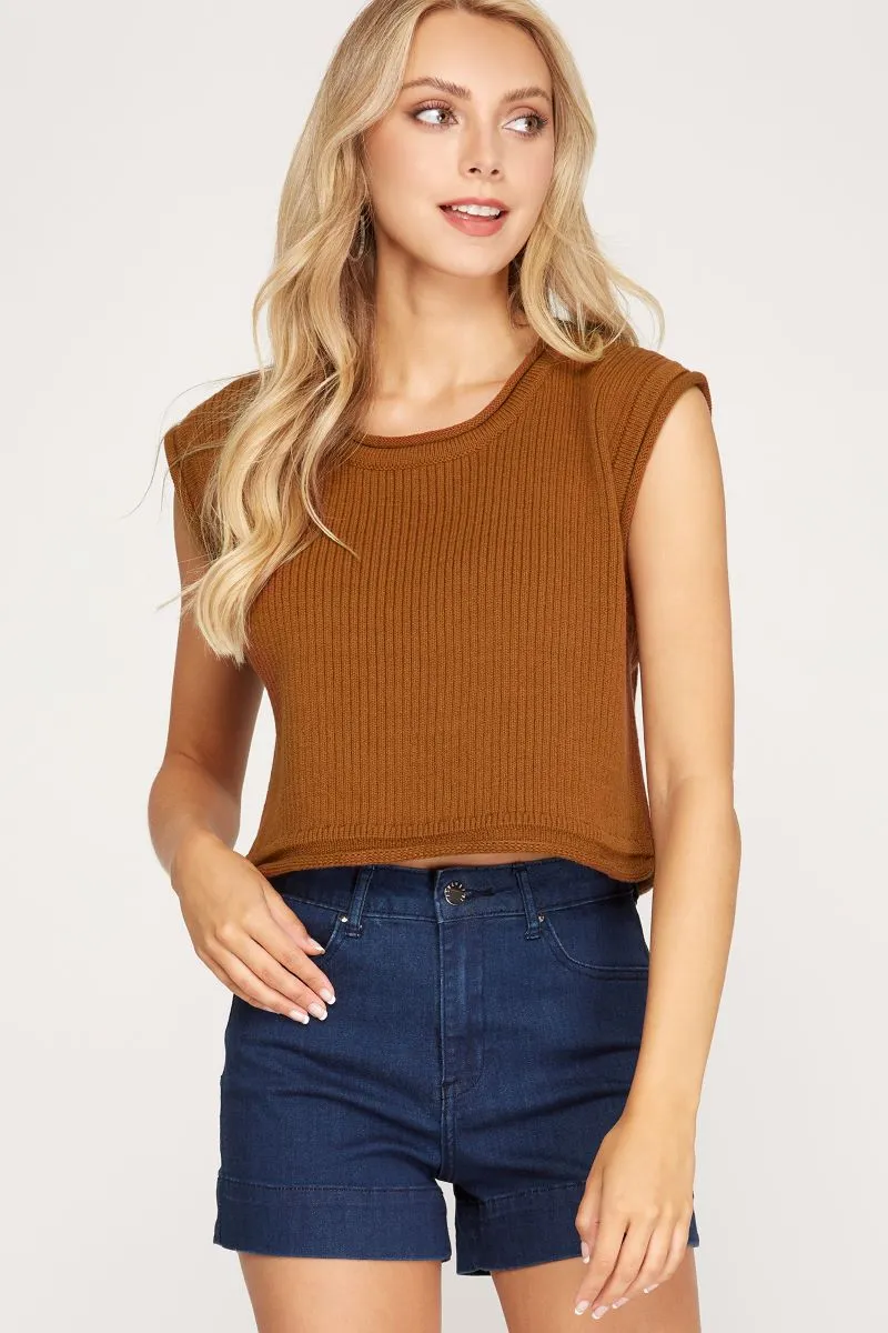 CINNAMON RIB KNIT SLEEVELESS SWEATER CROP TOP S8SS8059