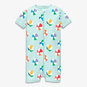 Clearance kids organic short sleeve zip romper in rainbow beach balls