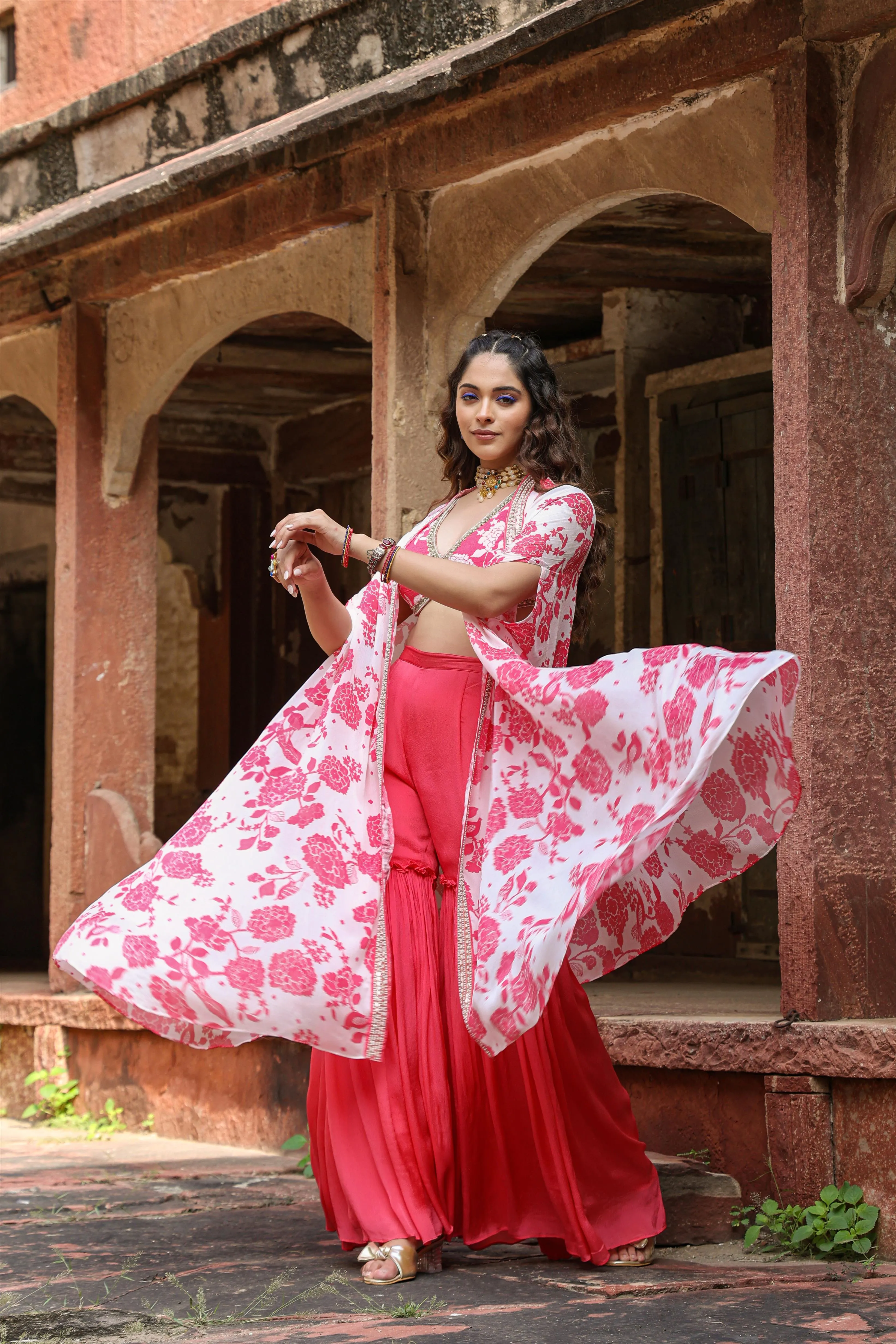 Coral Chinon Silk Floral Print Choli Sharara Cape Set