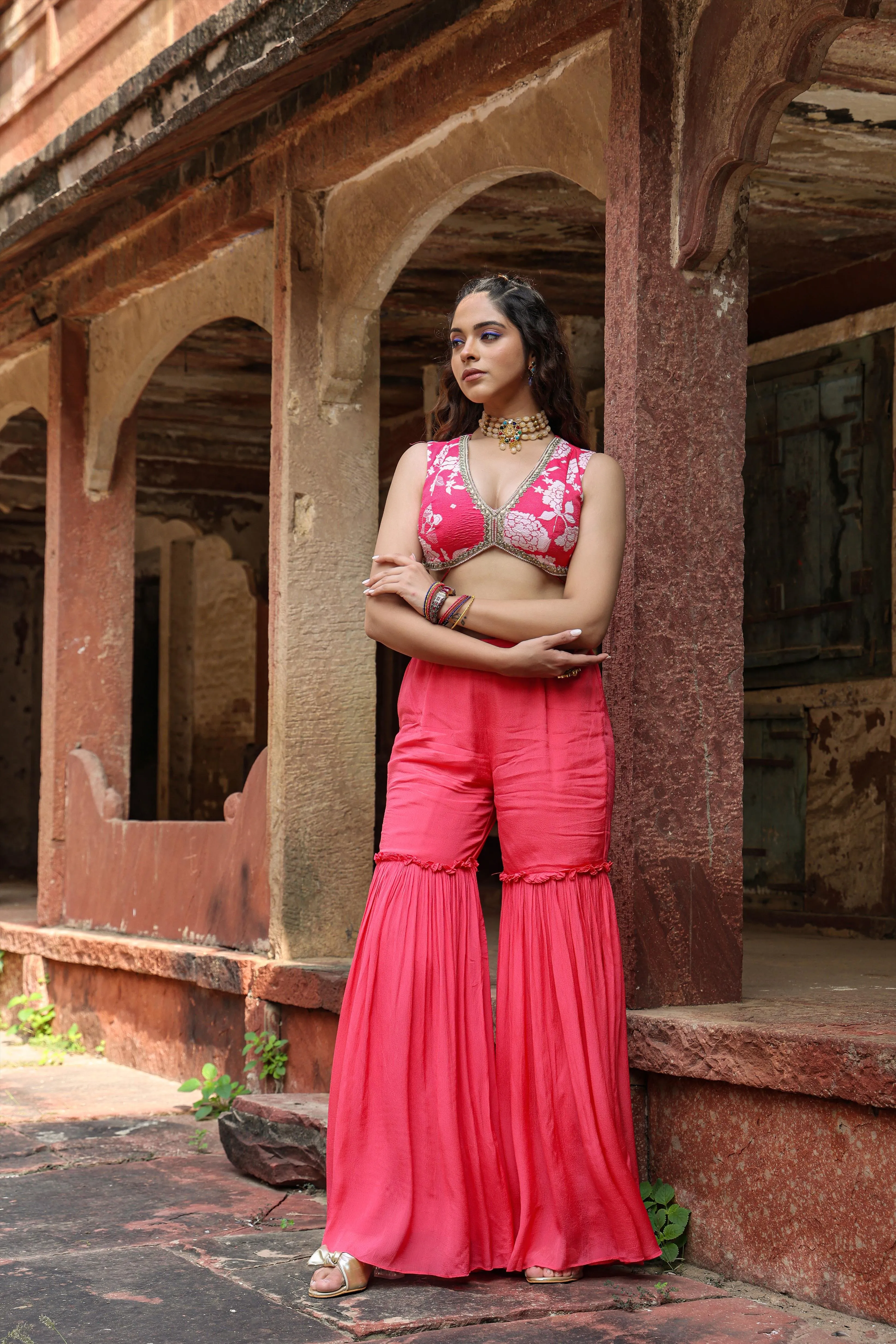 Coral Chinon Silk Floral Print Choli Sharara Cape Set