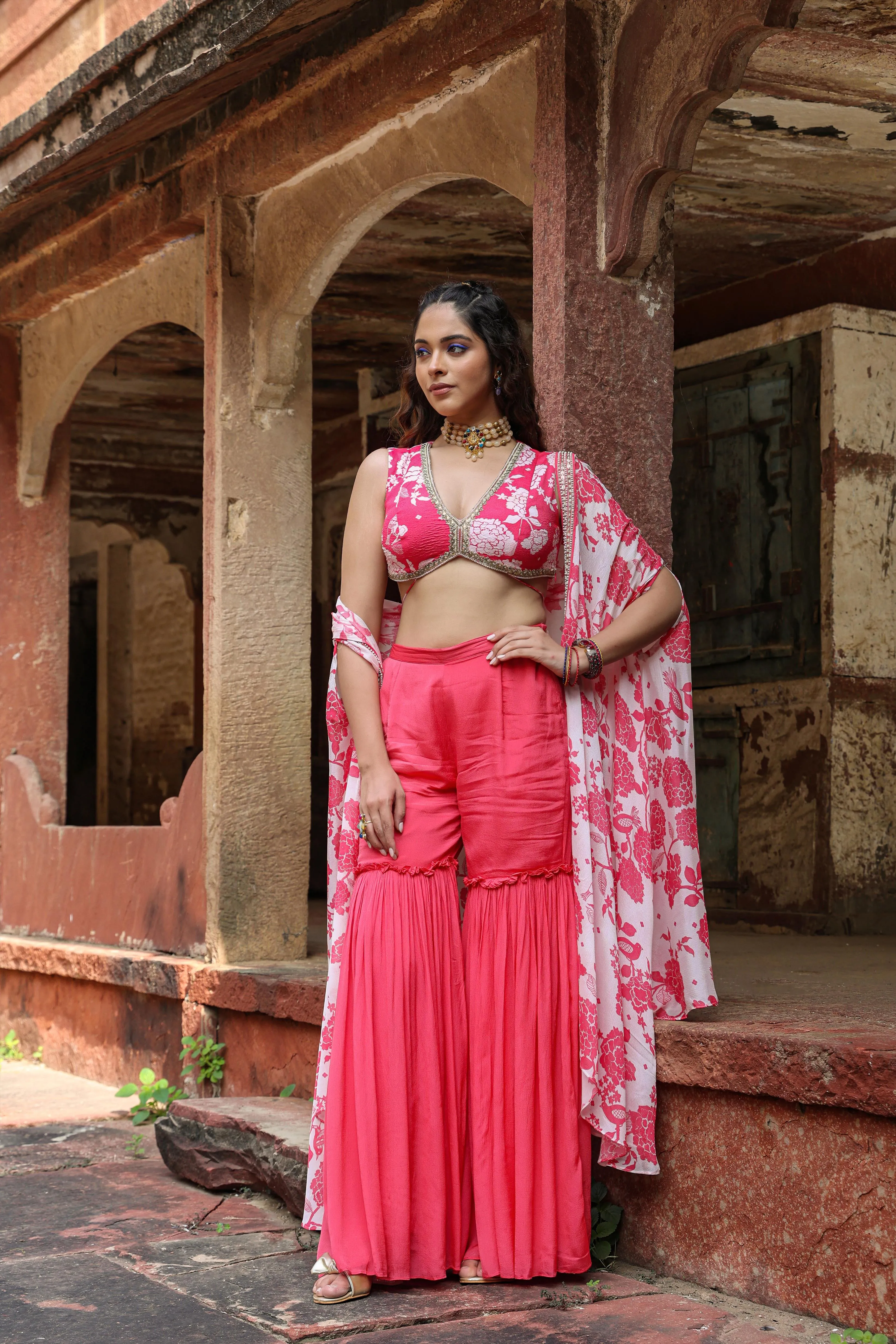 Coral Chinon Silk Floral Print Choli Sharara Cape Set
