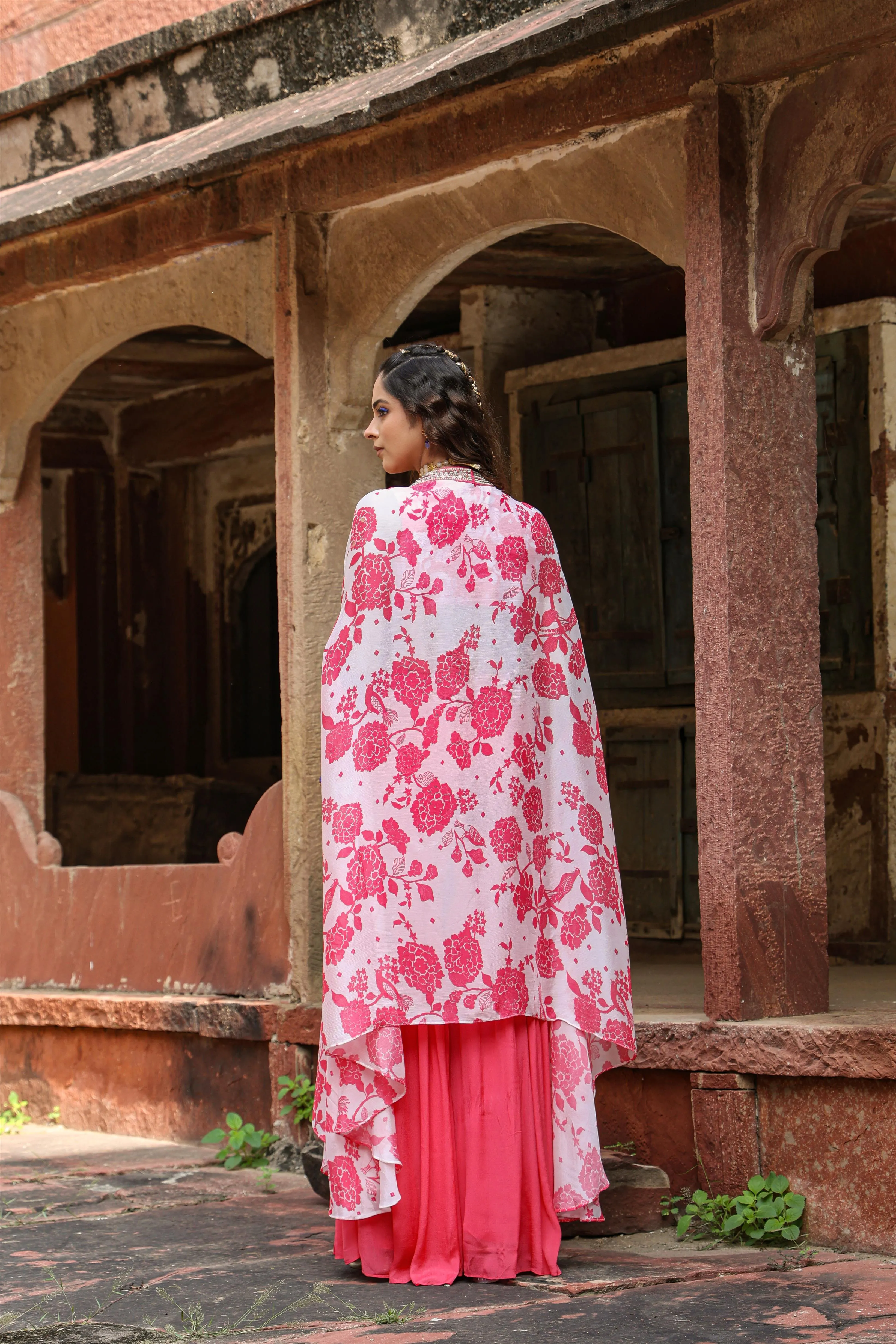 Coral Chinon Silk Floral Print Choli Sharara Cape Set