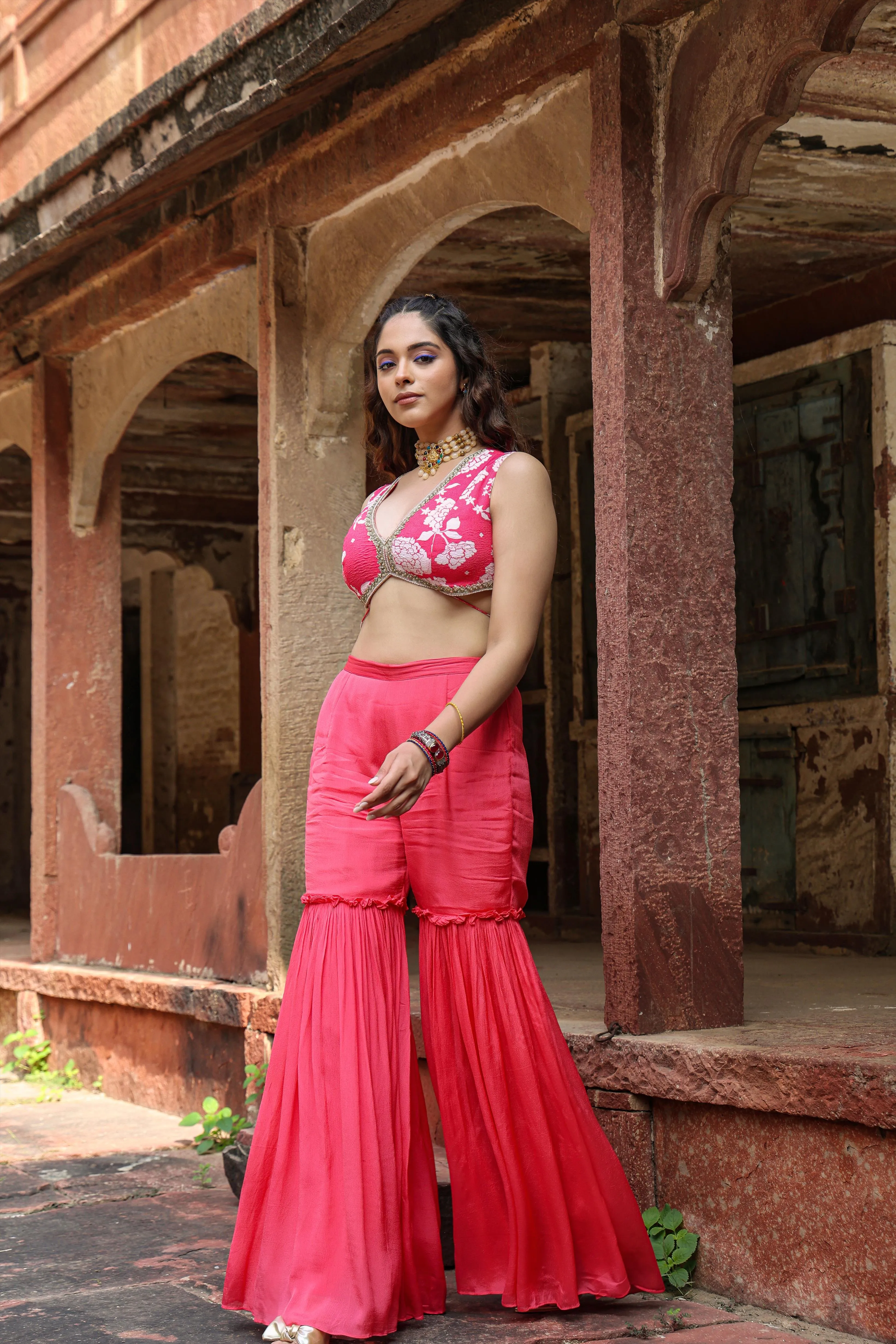 Coral Chinon Silk Floral Print Choli Sharara Cape Set