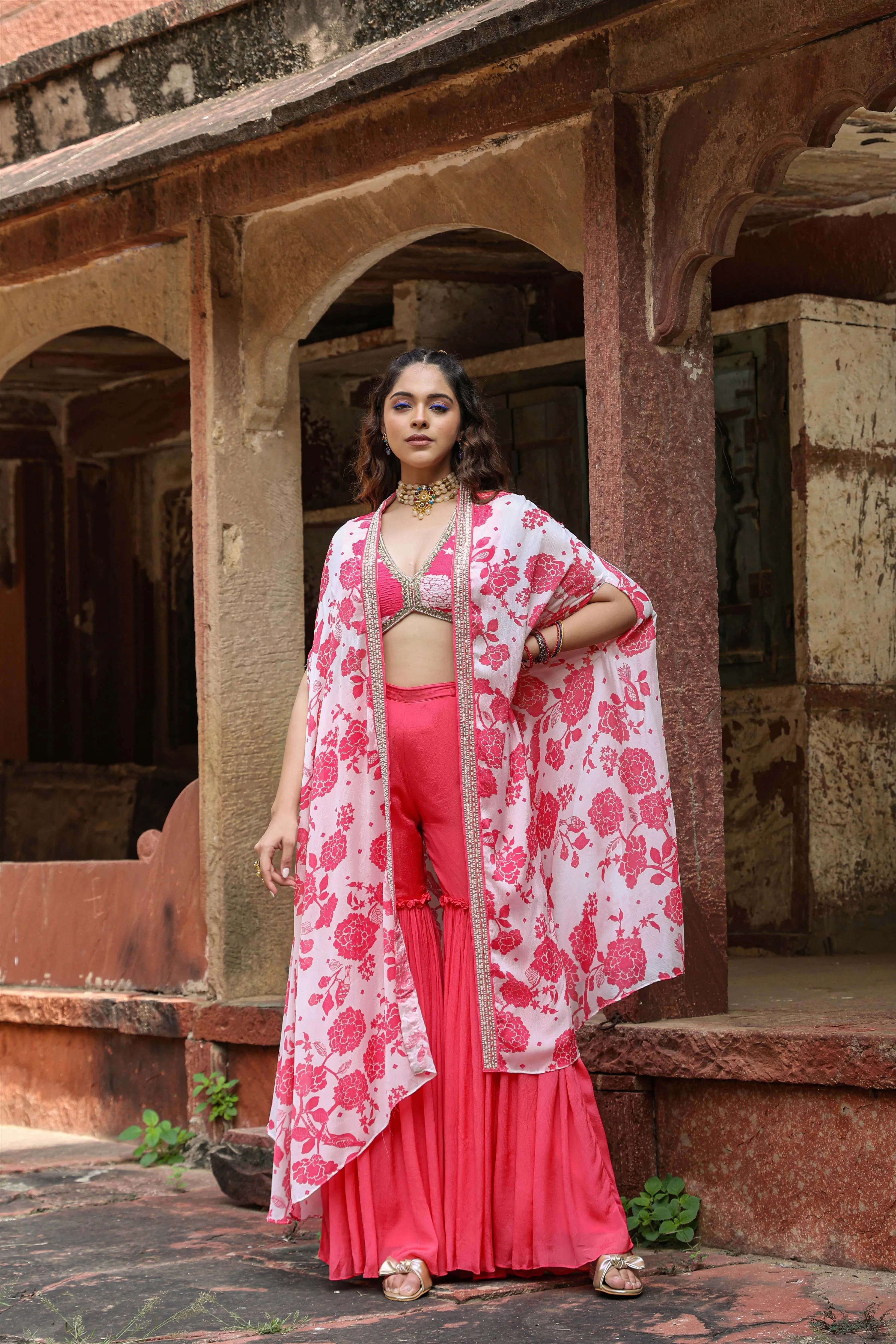 Coral Chinon Silk Floral Print Choli Sharara Cape Set
