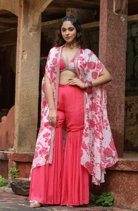 Coral Chinon Silk Floral Print Choli Sharara Cape Set