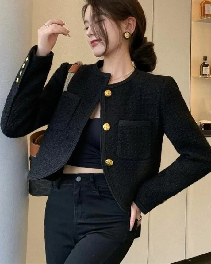 Cropped Tweed Gold Button Jacket