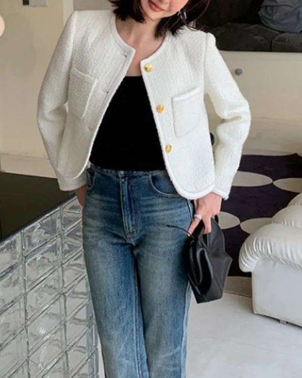 Cropped Tweed Gold Button Jacket