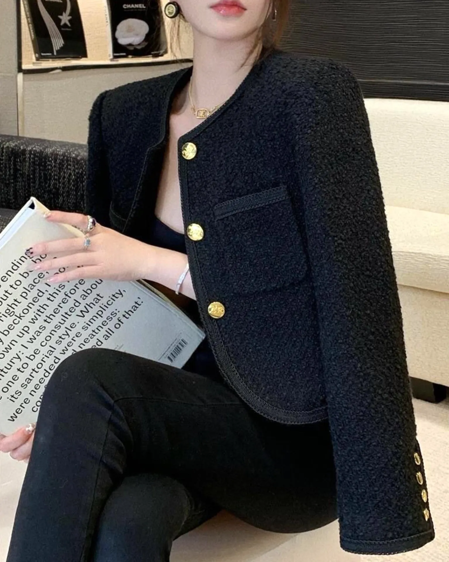 Cropped Tweed Gold Button Jacket