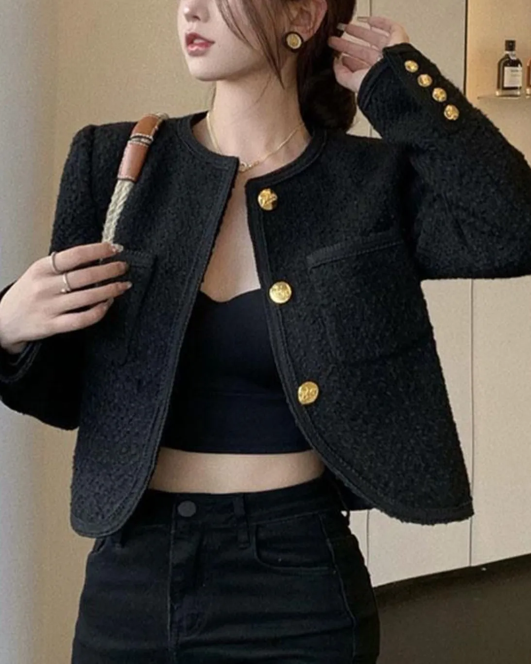 Cropped Tweed Gold Button Jacket