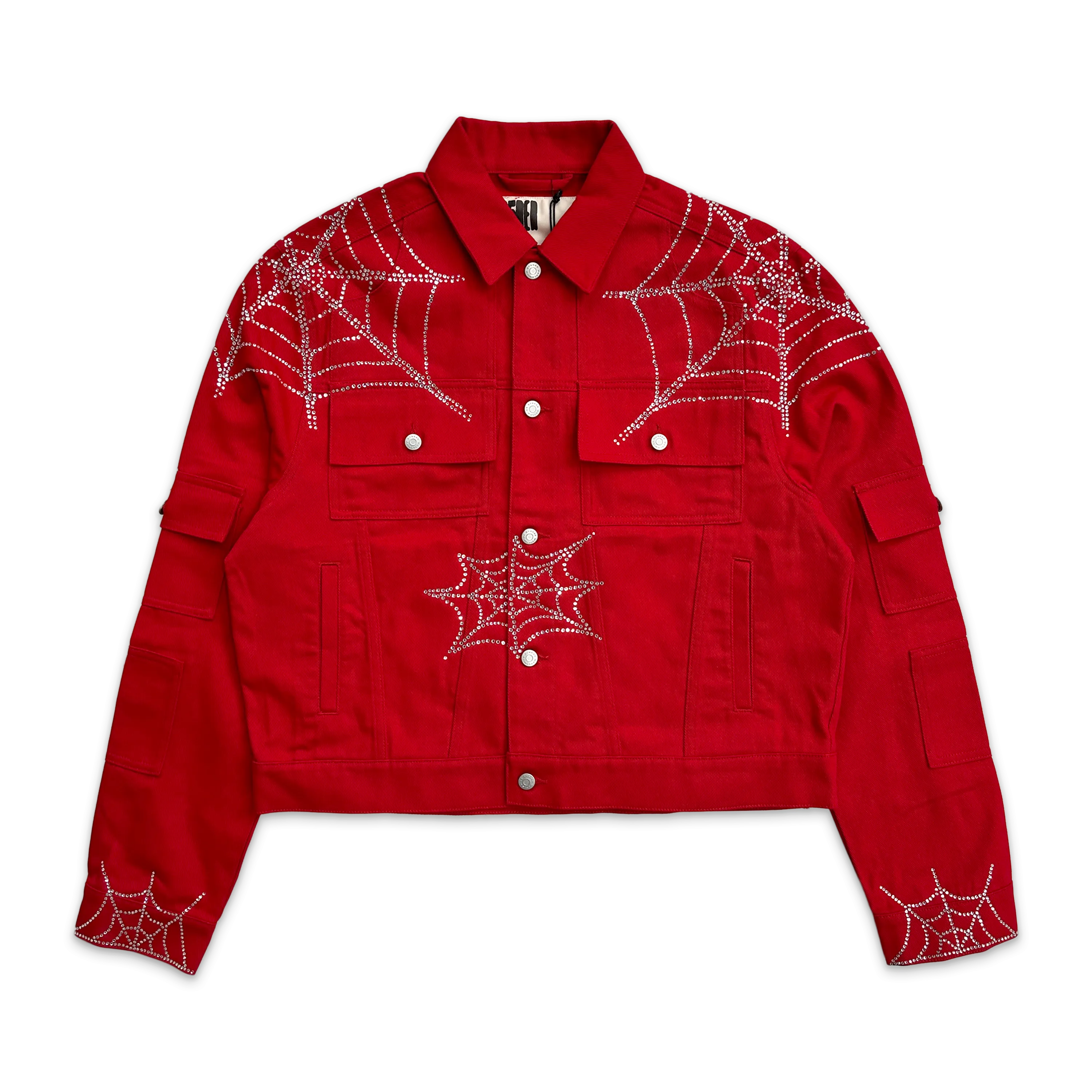 Crystal Web Denim Cropped Trucker Jacket "Red"